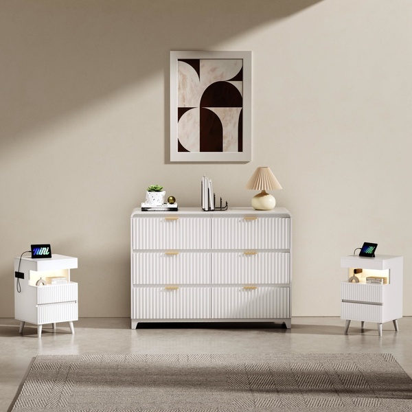 white dresser, nightstand, bedside table, bedroom furniture set, storage drawers, product demo, minimalist, lifestyle, calm, trustworthy, neutral